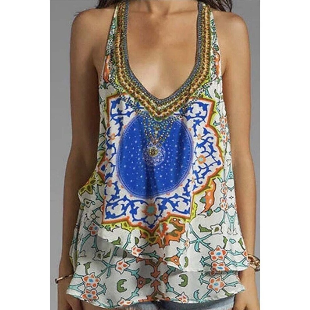 Camilla Franks Formentera UNICORN PRINT Embellished Racerback Silk Top Size 1 Sm